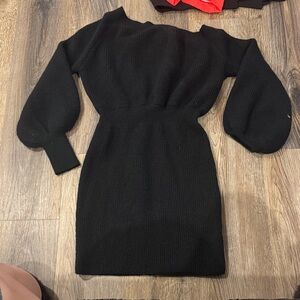Black Knit Balloon-Sleeve Off the Shoulder Sweater Dress